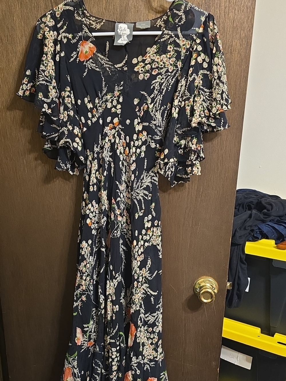 Flowy Navy Floral Maxi Dress with Ruffle Sleeves